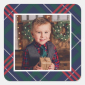 Classic Navy Red Green Tartan Kariert Holiday Foto Quadratischer Aufkleber (Vorderseite)