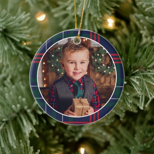 Classic Navy Red Green Tartan Kariertes Custom Fot Keramik Ornament (Baum)