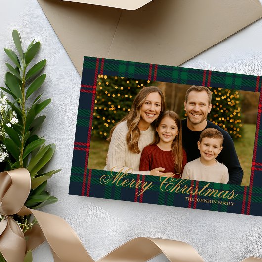 Classic Navy Tartan Plaid Photo Christmas Card Einladung