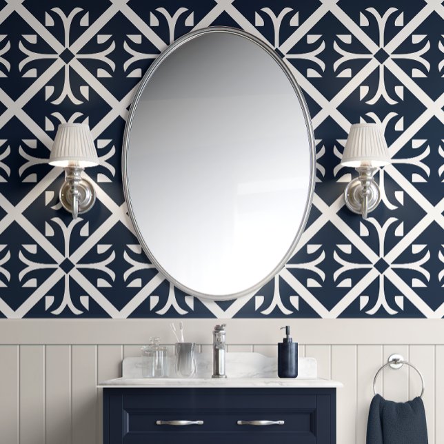 Classic Navy Tiles - Navy und White - Traditionell Tapete (Classic Navy Tiles - Navy and White - Traditional Peel and Stick Wallpaper)