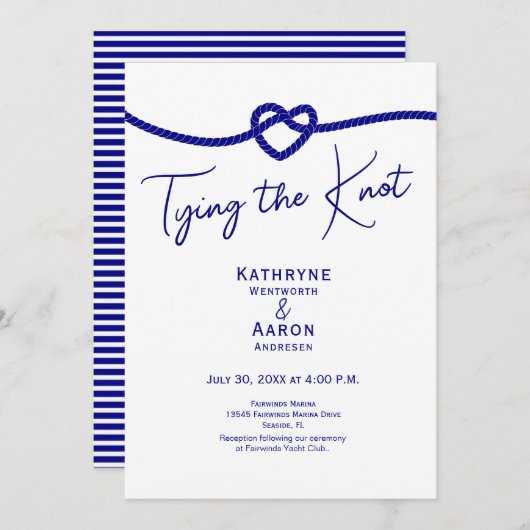 Classic Navy White Stripes Tying the Knot Wedding  Einladung (Vorne/Hinten)