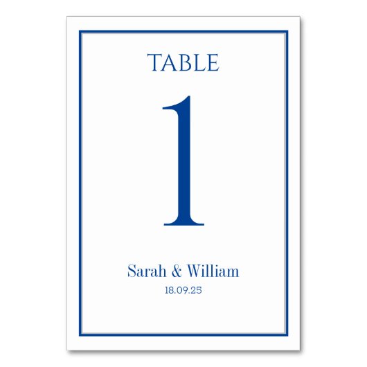 Classic Navy & White Wedding Tischnummer Card (Vorderseite)
