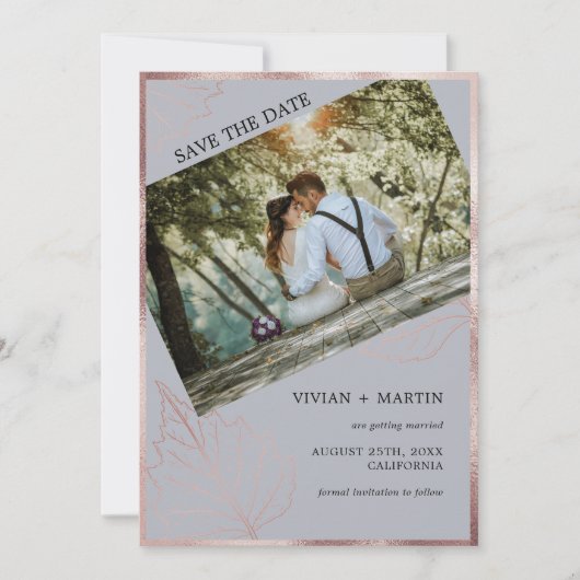 Classic Neutral Gray Matt Rose Gold Blätter Hochze Save The Date (Vorderseite)