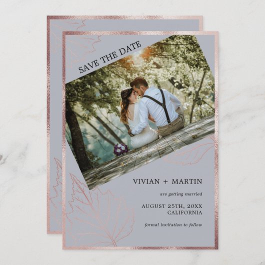 Classic Neutral Gray Matt Rose Gold Blätter Hochze Save The Date (Vorne/Hinten)