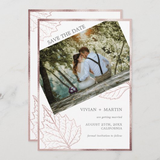 Classic Neutral Matt Rose Gold Blätter Hochzeit Save The Date (Vorne/Hinten)