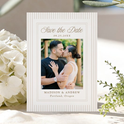 Classic Neutral Stripes Photo Wedding Save The Date