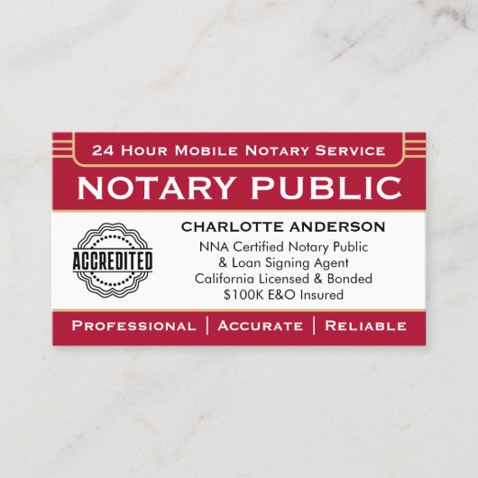 Classic Notary Signage Agent ID Logo Red Gold Visitenkarte (Vorderseite)