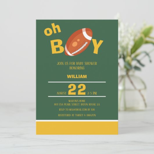 Classic Oh Boy Retro Football Baby Dusche Einladung (Stehend Vorderseite)
