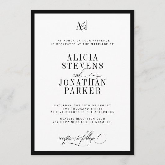 Classic old money black and white wedding einladung (Vorderseite)