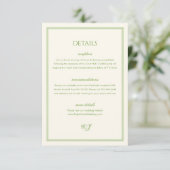 Classic Old Money White and Green Wedding Details Begleitkarte (Stehend Vorderseite)