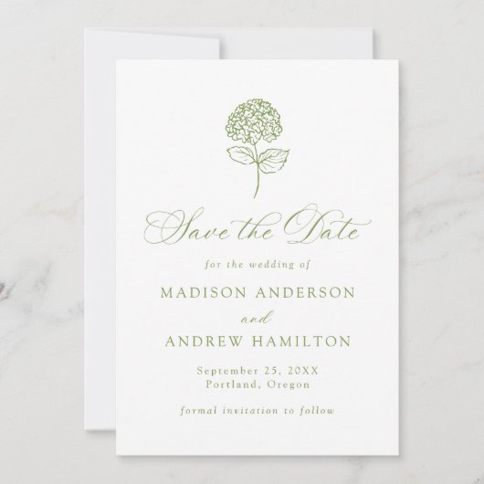 Classic Olive Green Hydrangea Wedding Save The Date (Vorderseite)