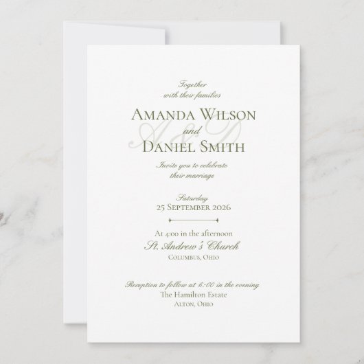 Classic Olive Wedding Invitation Einladung (Vorderseite)