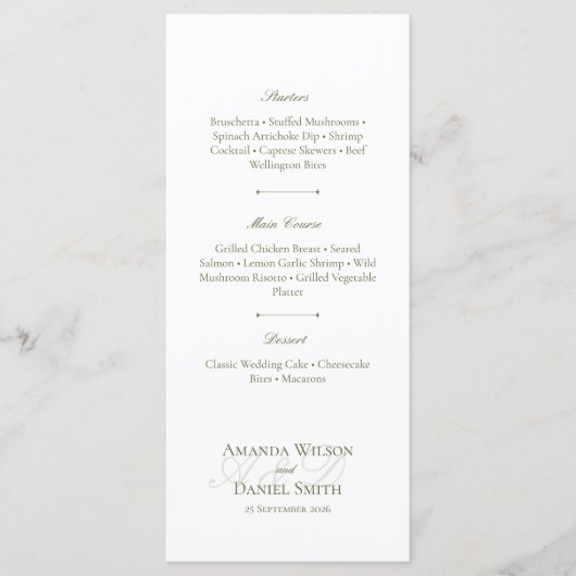 Classic Olive Wedding Menu Menükarte (Vorderseite)