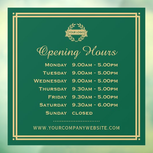 Classic Opening Hours Business Logo Green Gold Fensteraufkleber (Blatt 3)