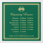 Classic Opening Hours Business Logo Green Gold Fensteraufkleber (Blatt)
