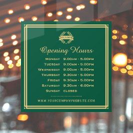 Classic Opening Hours Business Logo Green Gold Fensteraufkleber