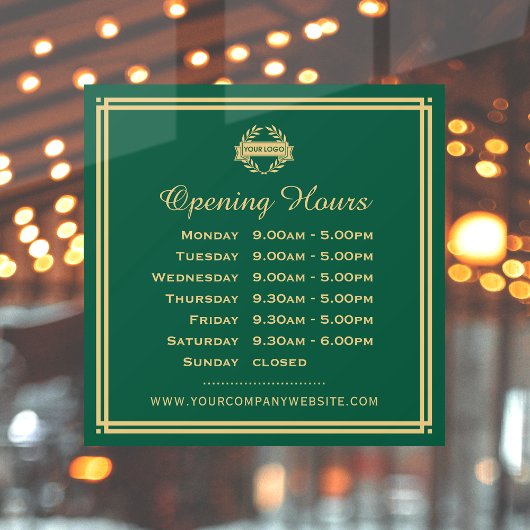 Classic Opening Hours Business Logo Green Gold Fensteraufkleber