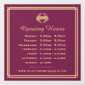 Classic Opening Hours Business Logo Plum Gold Fensteraufkleber (Blatt)