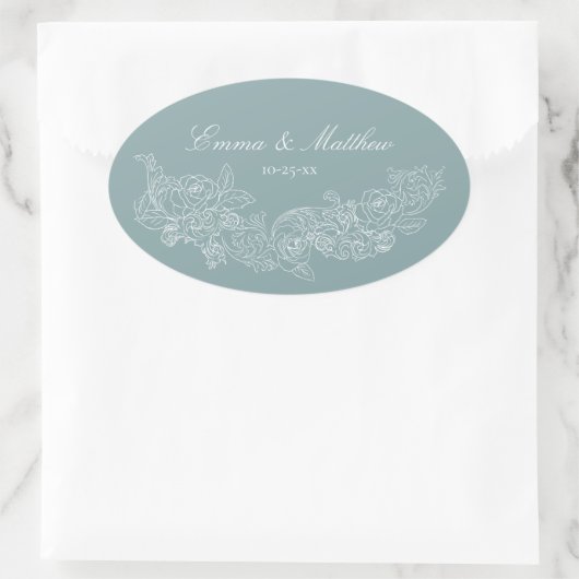Classic Ornament Dusty Blue Wedding Logo Ovaler Aufkleber (Tasche)