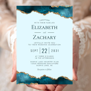 Classic Pastel Aquamarin Gold Agate Wedding Einladung