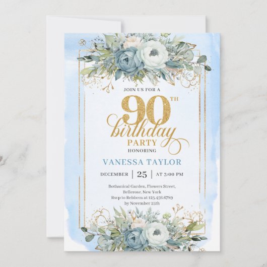 Classic pastel blue gold script 90th birthday einladung (Vorderseite)