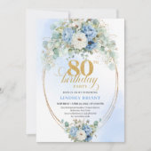 Classic Pastel Blue Peony Greenery 80th Birthday Einladung (Vorderseite)