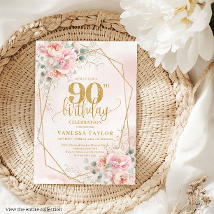 Classic Pastel Pink Gold Blume 90. Geburtstag Einladung