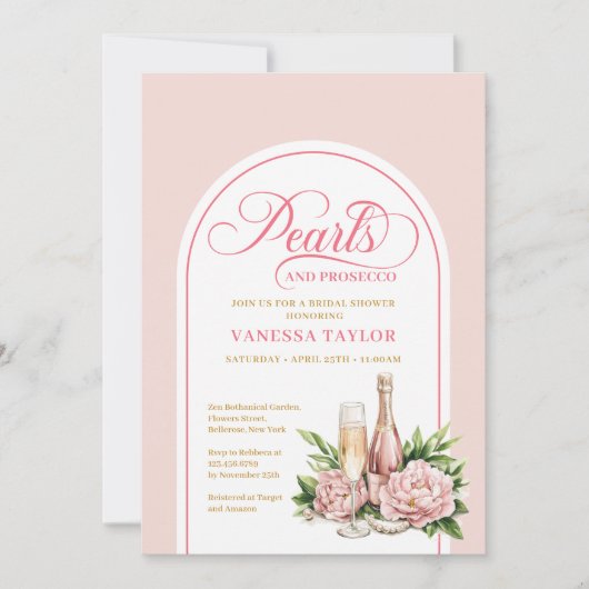 Classic pearls and prosecco bridal shower layout einladung (Vorderseite)