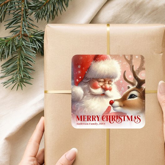 Classic Personalized Santa Rudolph Christmas Kids Quadratischer Aufkleber