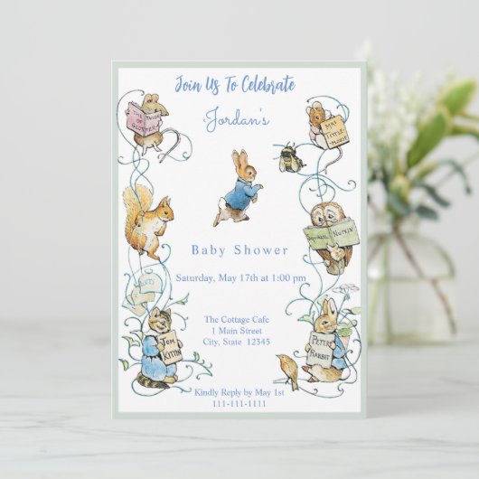 Classic Peter the Rabbit Baby Shower Einladung (Stehend Vorderseite)