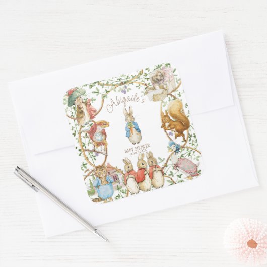 Classic Peter the Rabbit Baby Shower Quadratischer Aufkleber (Umschlag)