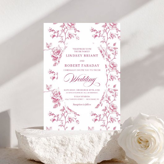 Classic Pink and White Toile Roses Wedding Invite Einladung
