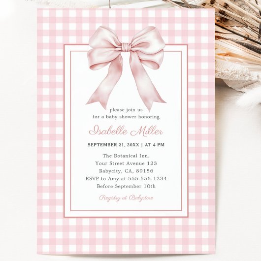 Classic Pink Bow Gingham Girl Baby Shower Einladung