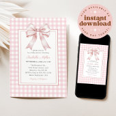 Classic Pink Bow Gingham Girl Baby Shower Einladung