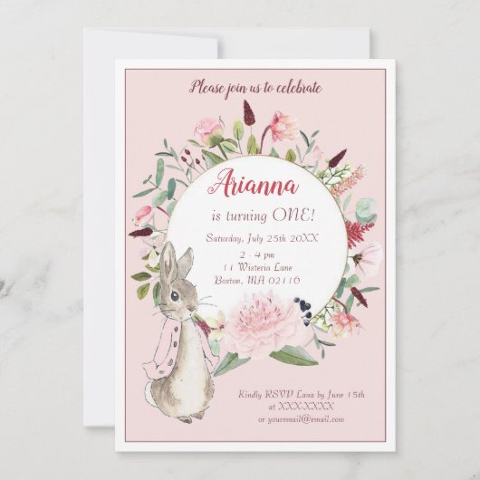 Classic Pink Peter Rabbit Floral Geburtstag Einladung (Vorderseite)