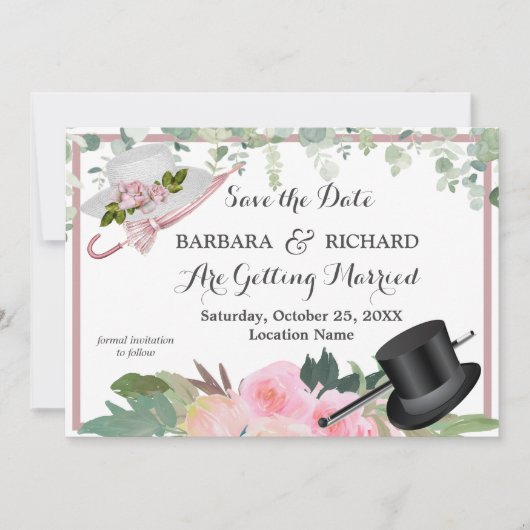 CLASSIC Pink Rose Floral Hochzeitstag Gerettet Einladung (Vorderseite)
