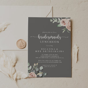 Classic Pink Rose Gray Bridesmaids Luncheon Einladung