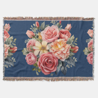 Classic Pink Roses Floral on a Blue Background Decke