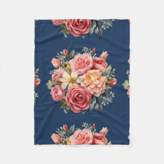 Classic Pink Roses Floral on a Blue Background Fleecedecke