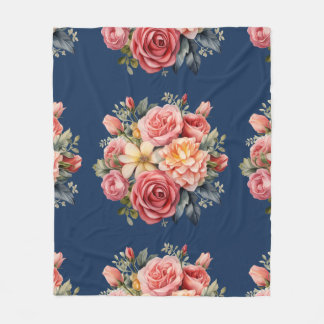 Classic Pink Roses Floral on a Blue Background Fleecedecke