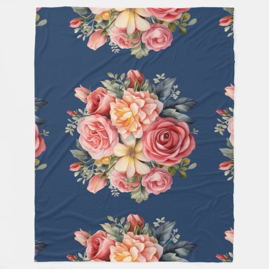 Classic Pink Roses Floral on a Blue Background Fleecedecke (Vorderseite)