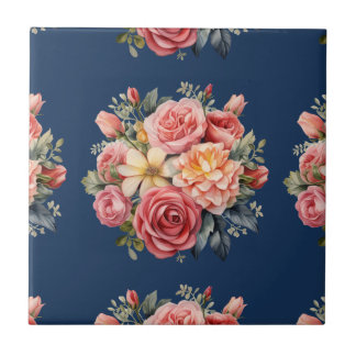 Classic Pink Roses Floral on a Blue Background Fliese