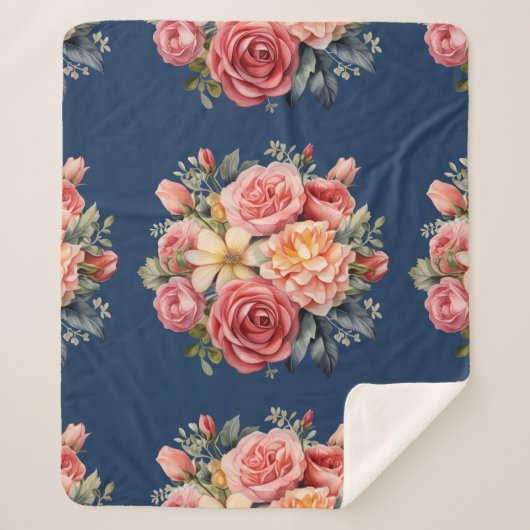 Classic Pink Roses Floral on a Blue Background Sherpadecke (Vorderseite)