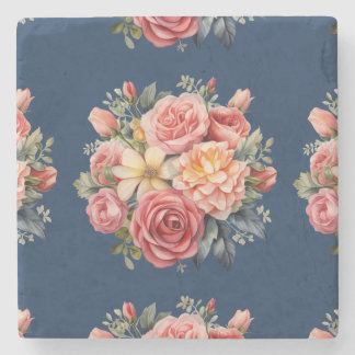 Classic Pink Roses Floral on a Blue Background Steinuntersetzer