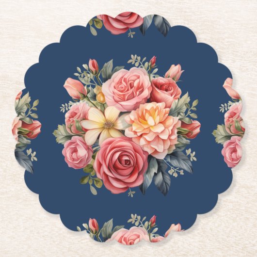 Classic Pink Roses Floral on a Blue Background Untersetzer (Vorderseite)