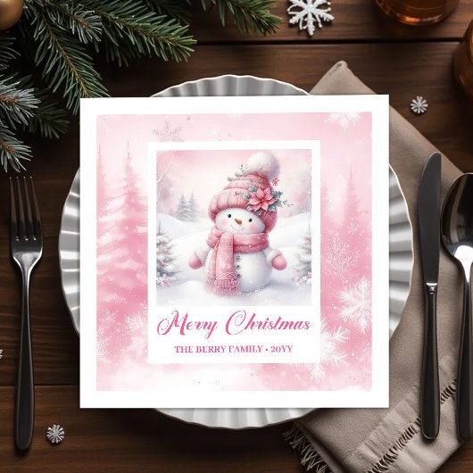 Classic Pink Snowman Christmas Scene Napkins Kids Serviette