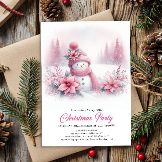 Classic Pink Snowman Kids Christmas Invite Digital Einladung