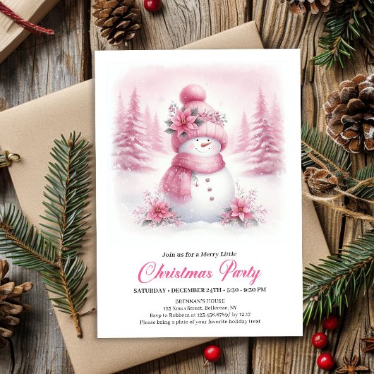 Classic Pink Snowman Kids Digital Christmas Invite Einladung