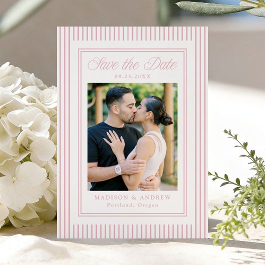 Classic Pink Stripes Photo Wedding Save The Date