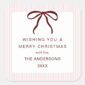 Classic Pink Stripes Red Bow Merry Christmas Quadratischer Aufkleber (Vorderseite)